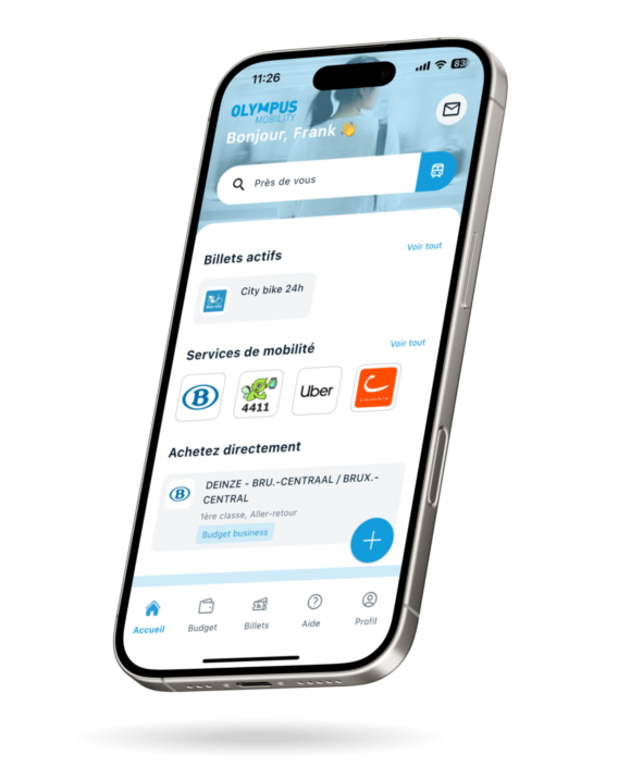 Smartphone flottant avec l’écran d’accueil de l’application Olympus