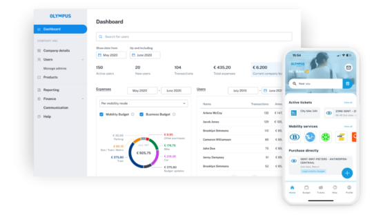 The dashboard of the Olympus Mobility platform and the app in English